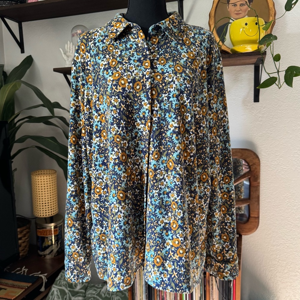 Denim & Co. Floral Sweater Knit Button Down Shirt